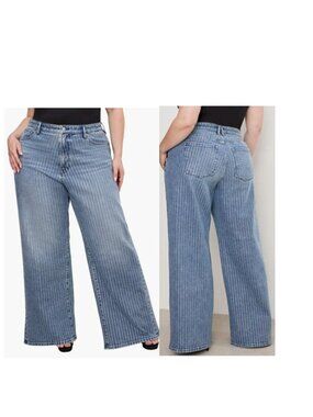 Good American Good Ease Rhinestone Pinstripe Wide Leg Jeans Size 22 New NWT